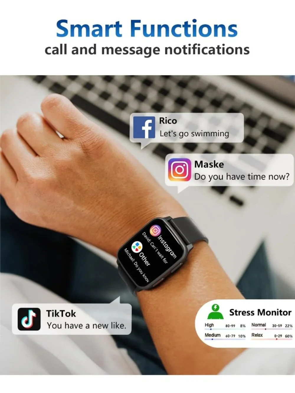 24/7 Heart Rate & Blood Pressure Monitor Smart Fitness Tracker, Waterproof